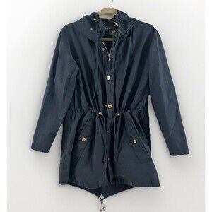 Boutique Wom Sz M Black Hooded Anorak Jacket Drawstring Waist Gold Lightweight